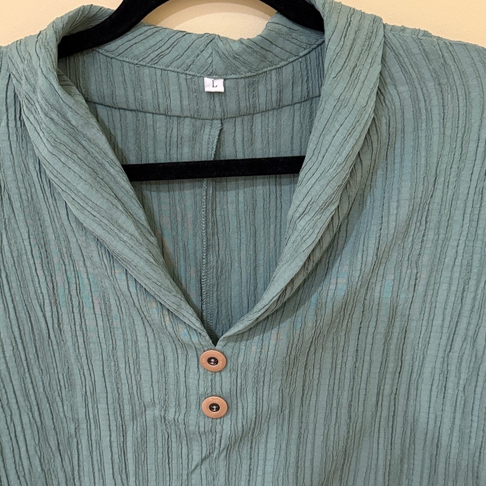 Elegant Teal Button- Short Sleeve turn down Blouse for Women Size Large - Picture 3 of 12
